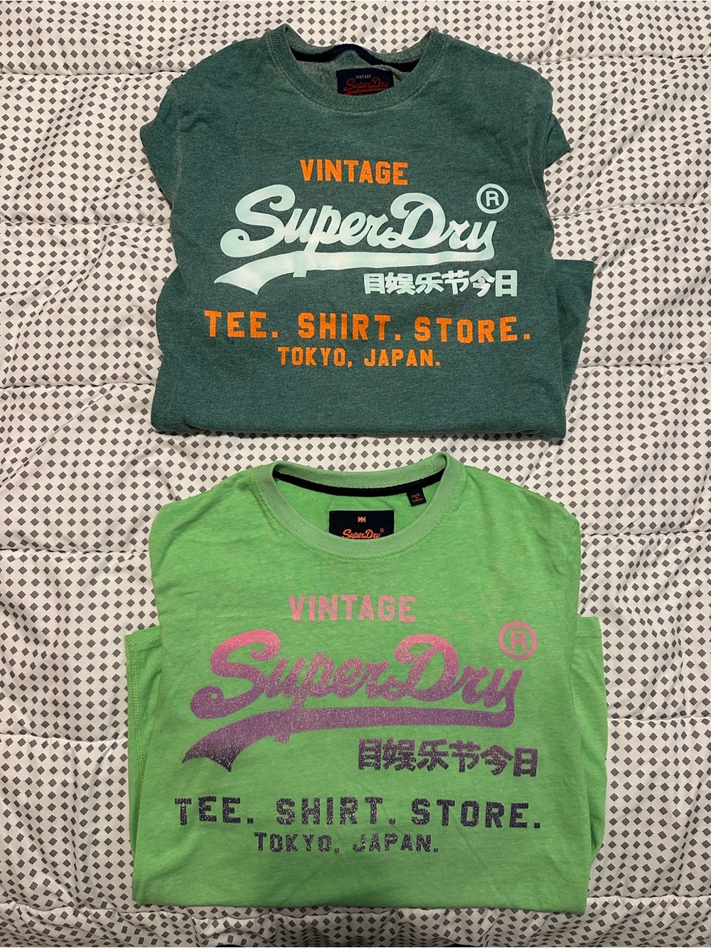 Two Superdry Short Sleeve T-Shirts Classic Script and Overdye Classic Script